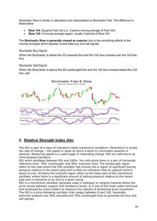 26
Stochastic Slow is similar in calculation and interpretation to Stochastic Fast. The difference is
listed below:
 Slow %K: Equal to Fast %D (i.e. 3-period moving average of Fast %K)
 Slow %D: A moving average (again, usually 3-period) of Slow %K
The Stochastic Slow is generally viewed as superior due to the smoothing effects of the
moving averages which equates to less false buy and sell signals.
Stochastic Buy Signal
When the Stochastic is below the 20 oversold line and the %K line crosses over the %D line,
buy.
Stochastic Sell Signal
When the Stochastic is above the 80 overbought line and the %K line crosses below the %D
line, sell.
2. Relative Strength Index (RSI)
The RSI is part of a class of indicators called momentum oscillators. Momentum is simply
the rate of change – the speed or slope at which a stock or commodity ascends or
declines. Measuring speed is a useful gage of impending change. RSI are referred to as
trend leading indicators.
RSI which oscillates between 0% and 100%. You will notice there is a pair of horizontal
reference lines: 70% ‘overbought’ and 30% ‘oversold’ lines. The overbought region
refers to the case where the RSI oscillator has moved into a region of significant buying
pressure relative to the recent past and is often an indication that an upward trend is
about to end. Similarly the oversold region refers to the lower part of the momentum
oscillator where there is a significant amount of selling pressure relative to the recent
past and is indicative of an end to a down swing.
RSI is a momentum oscillator generally used in sideways or ranging markets where the
price moves between support and resistance levels. It is one of the most useful technical
tool employed by many traders to measure the velocity of directional price movement.
The RSI is a price-following oscillator that ranges between 0 and 100. Generally,
technical analysts use 30% oversold and 70% overbought lines to generate the buy and
sell signals.
 