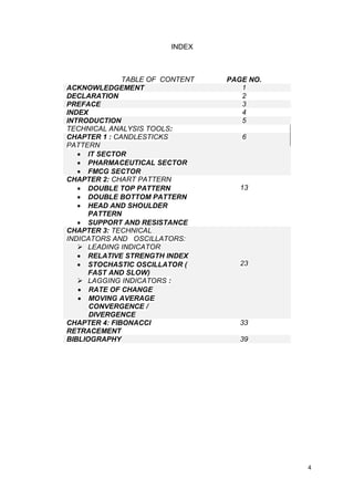 4
INDEX
TABLE OF CONTENT PAGE NO.
ACKNOWLEDGEMENT 1
DECLARATION 2
PREFACE 3
INDEX 4
INTRODUCTION 5
TECHNICAL ANALYSIS TOOLS:
CHAPTER 1 : CANDLESTICKS
PATTERN
 IT SECTOR
 PHARMACEUTICAL SECTOR
 FMCG SECTOR
6
CHAPTER 2: CHART PATTERN
 DOUBLE TOP PATTERN
 DOUBLE BOTTOM PATTERN
 HEAD AND SHOULDER
PATTERN
 SUPPORT AND RESISTANCE
13
CHAPTER 3: TECHNICAL
INDICATORS AND OSCILLATORS:
 LEADING INDICATOR
 RELATIVE STRENGTH INDEX
 STOCHASTIC OSCILLATOR (
FAST AND SLOW)
 LAGGING INDICATORS :
 RATE OF CHANGE
 MOVING AVERAGE
CONVERGENCE /
DIVERGENCE
23
CHAPTER 4: FIBONACCI
RETRACEMENT
33
BIBLIOGRAPHY 39
 