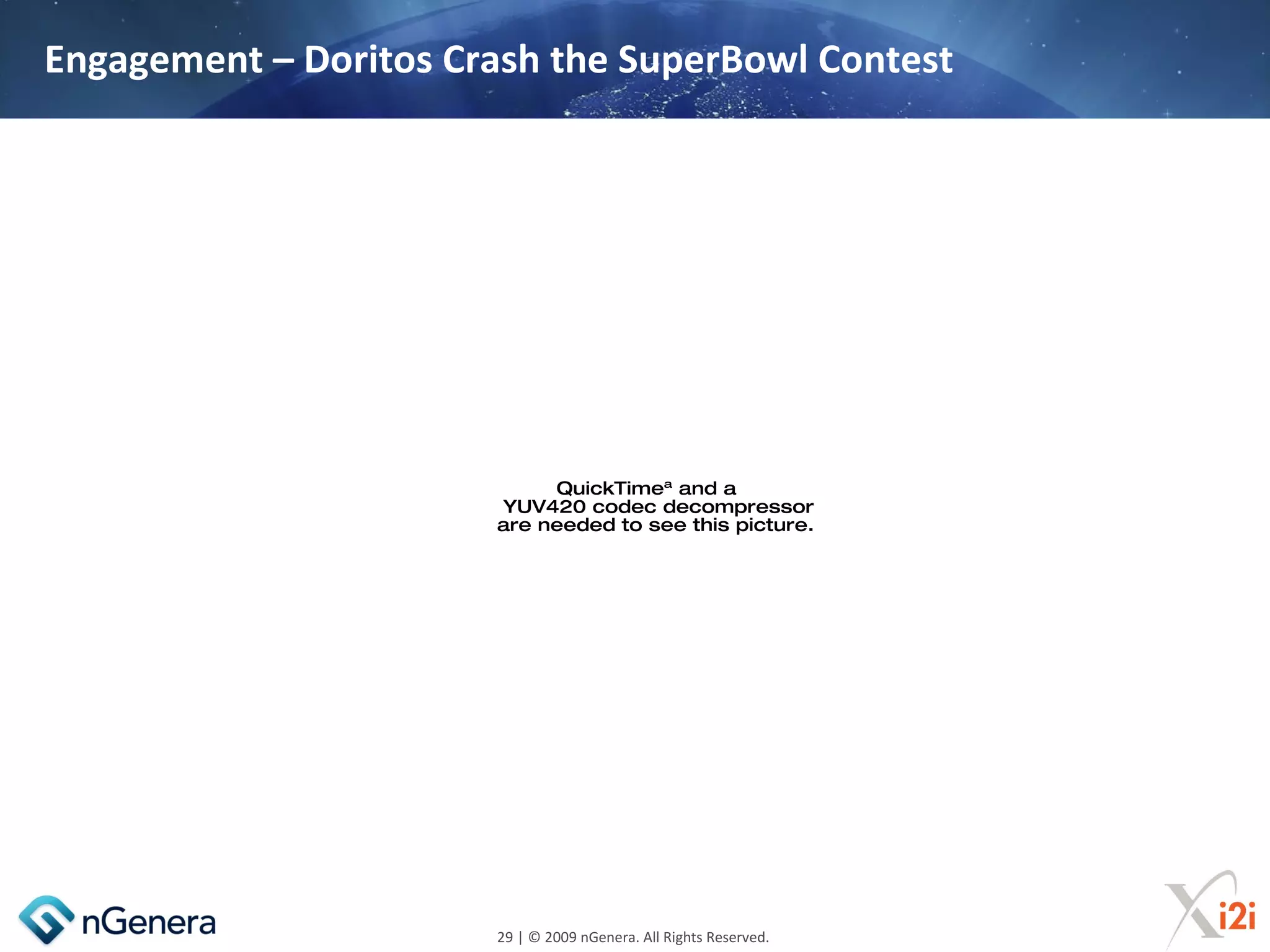 Engagement – Doritos Crash the SuperBowl Contest




                            QuickTimeª and a
                       YUV420 codec decompressor
                       are needed to see this picture.




                       29 | © 2009 nGenera. All Rights Reserved.
 