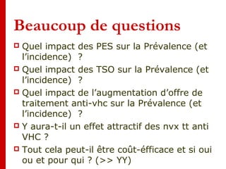 Beaucoup de questions
 Quel impact des PES sur la Prévalence (et
l’incidence) ?
 Quel impact des TSO sur la Prévalence (et
l’incidence) ?
 Quel impact de l’augmentation d’offre de
traitement anti-vhc sur la Prévalence (et
l’incidence) ?
 Y aura-t-il un effet attractif des nvx tt anti
VHC ?
 Tout cela peut-il être coût-éfficace et si oui
ou et pour qui ? (>> YY)
 