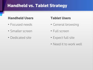 Handheld vs. Tablet Strategy

Handheld Users      Tablet Users
•  Focused needs    •  General browsing
•  Smaller screen   •  Full screen
•  Dedicated site   •  Expect full site
                    •  Need it to work well
 