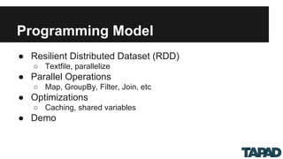 Programming Model
● Resilient Distributed Dataset (RDD)
○ Textfile, parallelize
● Parallel Operations
○ Map, GroupBy, Filter, Join, etc
● Optimizations
○ Caching, shared variables
● Demo
 
