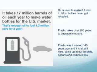 	Oil is used to make it & ship it.  Most bottles never get recycled.Plastic takes over 300 years to degrade in nature. Plastic was invented 140 years ago and it is all still here, piling up in our landfills, oceans and communities. 