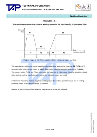 TECHNICAL INFORMATION
BUTT-FUSION WELDING OF POLYETHYLENE PIPE

Quality Management Systems

Q001

Cert. No. NQ767/04

005

Cert. No. TH04/0500

Welding Guideline
APPENDIX – A –
The welding guideline time value of welding operation for High Density Polyethylene Pipe
Pressure
(bar)

P1

P3

P2
T1

T2

T3

T4

T5

Time
(minute or second)

Process stages of butt-fusion welding relation between pressure and time
This appendix part will be give you the idea information data of the welding time parameter T2, T3, T4 and T5
according to the recommended values on table3. Bead height values by calculation according to the table1.
The pressure values P1, P2 and P3 are not show in this appendix, all the pressure should be calculation related
to the welding machine specification as shown on the calculation case1 and case2.
Furthermore, the welding machine suppliers must be prepare the machine operation manual and all welding
parameter control of their machine model for customer.

Page 16 of 22

TAP-352802-TEC-BUTT WELDING-52R2
th
Issue Date 25 MAY 2009

However all the information of this appendix, they can use to be the data reference.

 