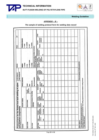 TECHNICAL INFORMATION
BUTT-FUSION WELDING OF POLYETHYLENE PIPE

Quality Management Systems

Q001

Cert. No. NQ767/04

005

Cert. No. TH04/0500

Welding Guideline

Page 22 of 22

TAP-352802-TEC-BUTT WELDING-52R2
th
Issue Date 25 MAY 2009

APPENDIX – B –
The sample of welding protocol form for welding data record

 