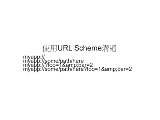 使用URL Scheme溝通
myapp://
myapp://some/path/here
myapp://?foo=1&amp;bar=2
myapp://some/path/here?foo=1&amp;bar=2

 