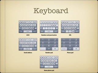 Keyboard
has to be dismissed with a separate Done button elsewhere in the interface—
a good idea anyway.)
• Phone pad. This one’s identical to the number pad, but with an additional lay-
out for the +, #, *, and Pause keys.
• Name phone pad. The main keyboard offers letters—the same as the ASCII
keyboard—but the secondary layout is a modified number pad, no punctua-
tion options.
ASCII
Email address Number pad
Name phone pad
Phone pad
Numbers and punctuation URL
 