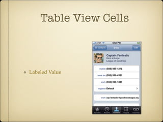 Table View Cells
Labeled Value
-view cells comes in three other styles, all of which include an addi-
nk of detail text. This secondary text appears in different locations for
yle, with each style best suited to specific roles. You can mix and match
rom item to item within the same list according to your needs. Here
ee standard styles for subtitles:
Table-View Cells: Subtitle Styles
cell layout is ideal Blue text.The main title appears at Labeled value. As in the blue text
 