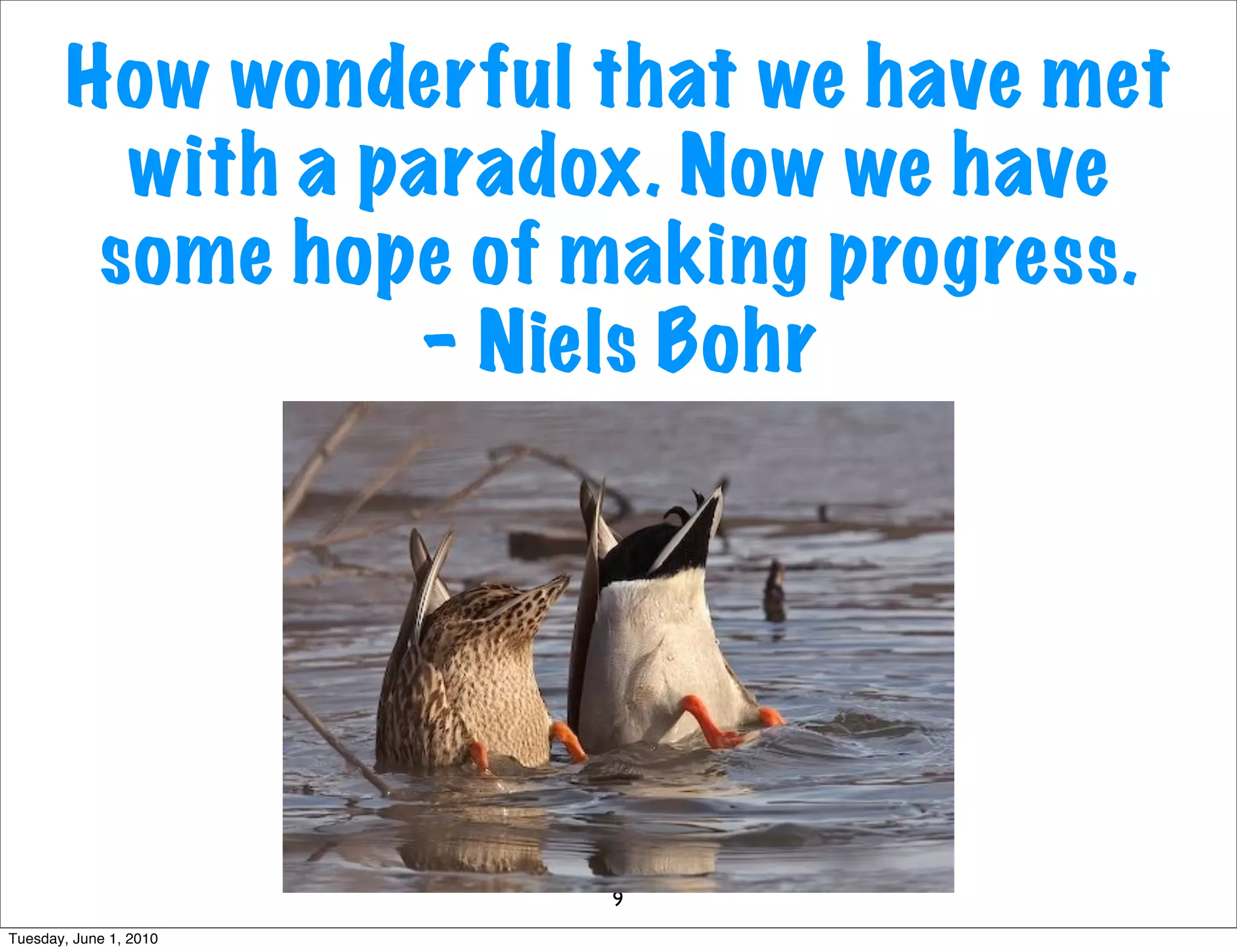 Quantum wave function
                                    1

                                 0.75                          − it 1  − 1 t2
                                                     ϕ (t ) =  e −    e
                                                                           2
                                                                     e
                                  0.5

                                 0.25




                                         rea
                                            l
                   -4       -2                          2                         4
                                 -0.25

                                 -0.5

                                                ry
                                                na
                                            agi
                                 -0.75
                                           im


                                   -1




Sunday, November 29, 2009
 