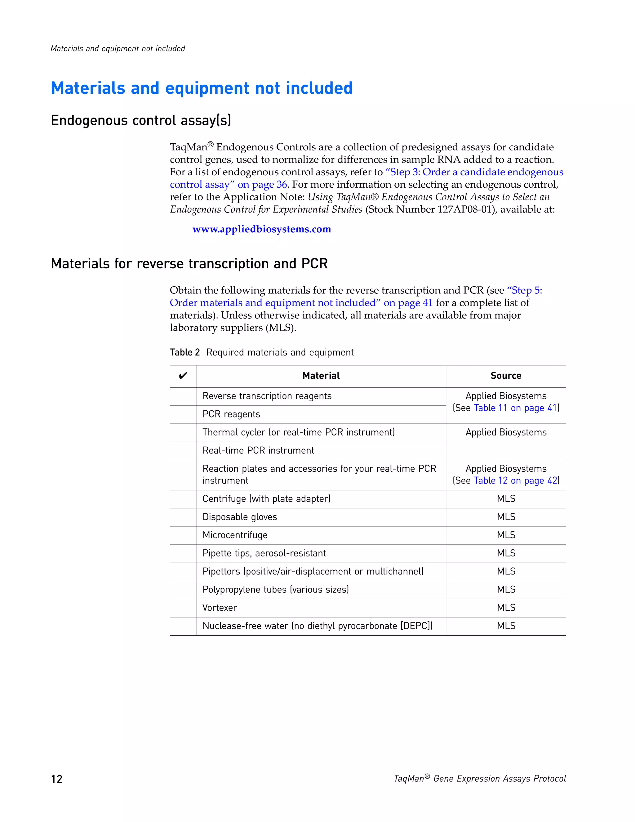 Materials and equipment not included




Materials and equipment not included
Endogenous control assay(s)
                               TaqMan® Endogenous Controls are a collection of predesigned assays for candidate
                               control genes, used to normalize for differences in sample RNA added to a reaction.
                               For a list of endogenous control assays, refer to “Step 3: Order a candidate endogenous
                               control assay” on page 36. For more information on selecting an endogenous control,
                               refer to the Application Note: Using TaqMan® Endogenous Control Assays to Select an
                               Endogenous Control for Experimental Studies (Stock Number 127AP08-01), available at:
                                       www.appliedbiosystems.com


Materials for reverse transcription and PCR
                               Obtain the following materials for the reverse transcription and PCR (see “Step 5:
                               Order materials and equipment not included” on page 41 for a complete list of
                               materials). Unless otherwise indicated, all materials are available from major
                               laboratory suppliers (MLS).

                               Table 2 Required materials and equipment

                                  ✔                             Material                                  Source

                                        Reverse transcription reagents                               Applied Biosystems
                                                                                                  (See Table 11 on page 41)
                                        PCR reagents
                                        Thermal cycler (or real-time PCR instrument)                 Applied Biosystems
                                        Real-time PCR instrument
                                        Reaction plates and accessories for your real-time PCR       Applied Biosystems
                                        instrument                                                (See Table 12 on page 42)
                                        Centrifuge (with plate adapter)                                     MLS
                                        Disposable gloves                                                   MLS
                                        Microcentrifuge                                                     MLS
                                        Pipette tips, aerosol-resistant                                     MLS
                                        Pipettors (positive/air-displacement or multichannel)               MLS
                                        Polypropylene tubes (various sizes)                                 MLS
                                        Vortexer                                                            MLS
                                        Nuclease-free water (no diethyl pyrocarbonate [DEPC])               MLS




12                                                                                   TaqMan® Gene Expression Assays Protocol
 