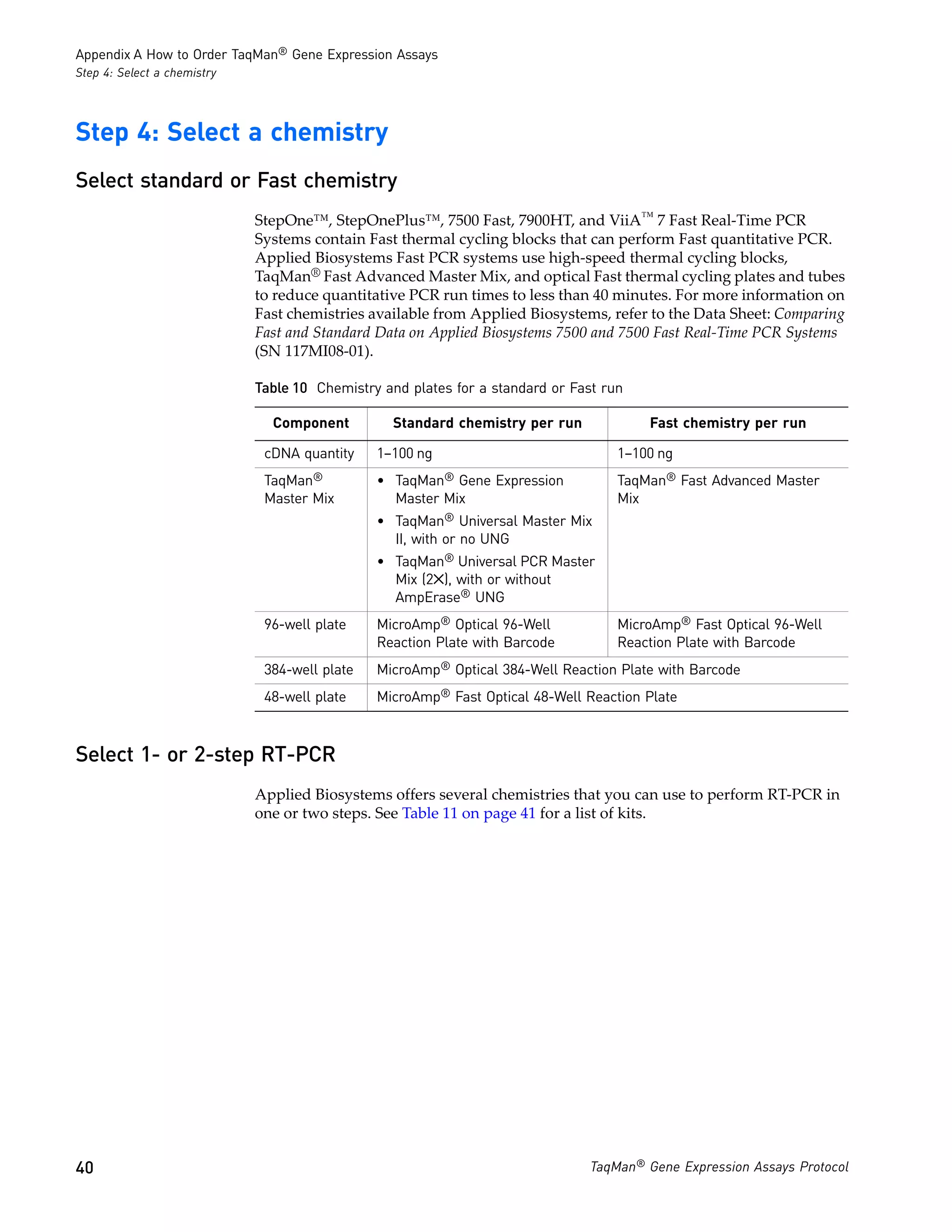 Appendix A How to Order TaqMan® Gene Expression Assays
Step 4: Select a chemistry




Step 4: Select a chemistry
Select standard or Fast chemistry
                             StepOne™, StepOnePlus™, 7500 Fast, 7900HT, and ViiA™ 7 Fast Real-Time PCR
                             Systems contain Fast thermal cycling blocks that can perform Fast quantitative PCR.
                             Applied Biosystems Fast PCR systems use high-speed thermal cycling blocks,
                             TaqMan® Fast Advanced Master Mix, and optical Fast thermal cycling plates and tubes
                             to reduce quantitative PCR run times to less than 40 minutes. For more information on
                             Fast chemistries available from Applied Biosystems, refer to the Data Sheet: Comparing
                             Fast and Standard Data on Applied Biosystems 7500 and 7500 Fast Real-Time PCR Systems
                             (SN 117MI08-01).

                             Table 10 Chemistry and plates for a standard or Fast run

                               Component          Standard chemistry per run            Fast chemistry per run

                              cDNA quantity    1–100 ng                             1–100 ng
                              TaqMan®          • TaqMan® Gene Expression            TaqMan® Fast Advanced Master
                              Master Mix         Master Mix                         Mix
                                               • TaqMan® Universal Master Mix
                                                 II, with or no UNG
                                               • TaqMan® Universal PCR Master
                                                 Mix (2✕), with or without
                                                 AmpErase® UNG
                              96-well plate    MicroAmp® Optical 96-Well            MicroAmp® Fast Optical 96-Well
                                               Reaction Plate with Barcode          Reaction Plate with Barcode
                              384-well plate   MicroAmp® Optical 384-Well Reaction Plate with Barcode
                              48-well plate    MicroAmp® Fast Optical 48-Well Reaction Plate



Select 1- or 2-step RT-PCR
                             Applied Biosystems offers several chemistries that you can use to perform RT-PCR in
                             one or two steps. See Table 11 on page 41 for a list of kits.




40                                                                             TaqMan® Gene Expression Assays Protocol
 