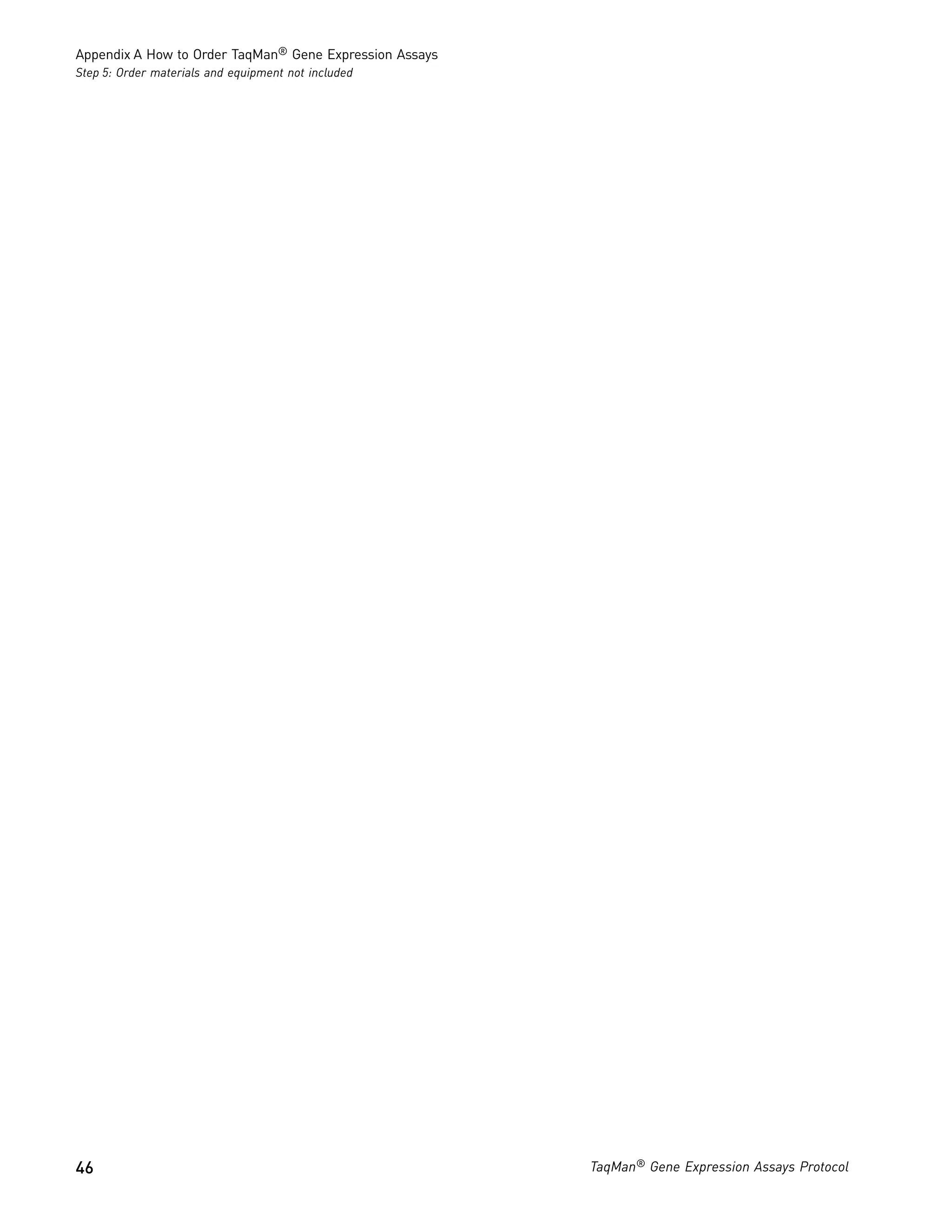 Appendix A How to Order TaqMan® Gene Expression Assays
Step 5: Order materials and equipment not included




46                                                       TaqMan® Gene Expression Assays Protocol
 