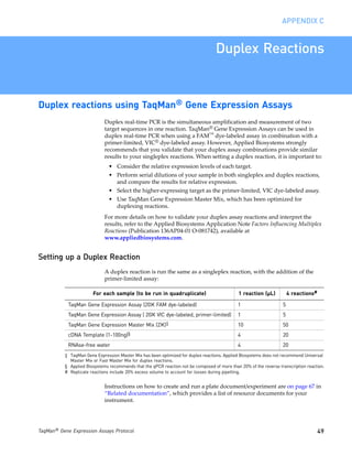 APPENDIX C


                                                                                   Duplex Reactions


Duplex reactions using TaqMan® Gene Expression Assays
                             Duplex real-time PCR is the simultaneous amplification and measurement of two
                             target sequences in one reaction. TaqMan® Gene Expression Assays can be used in
                             duplex real-time PCR when using a FAM™ dye-labeled assay in combination with a
                             primer-limited, VIC® dye-labeled assay. However, Applied Biosystems strongly
                             recommends that you validate that your duplex assay combinations provide similar
                             results to your singleplex reactions. When setting a duplex reaction, it is important to:
                               • Consider the relative expression levels of each target.
                               • Perform serial dilutions of your sample in both singleplex and duplex reactions,
                                 and compare the results for relative expression.
                               • Select the higher-expressing target as the primer-limited, VIC dye-labeled assay.
                               • Use TaqMan Gene Expression Master Mix, which has been optimized for
                                 duplexing reactions.
                             For more details on how to validate your duplex assay reactions and interpret the
                             results, refer to the Applied Biosystems Application Note Factors Influencing Multiplex
                             Reactions (Publication 136AP04-01 O-081742), available at
                             www.appliedbiosystems.com.


Setting up a Duplex Reaction
                             A duplex reaction is run the same as a singleplex reaction, with the addition of the
                             primer-limited assay:

                       For each sample (to be run in quadruplicate)                           1 reaction (µL)          4 reactions#

            TaqMan Gene Expression Assay (20✕ FAM dye-labeled)                                1                    5
            TaqMan Gene Expression Assay ( 20✕ VIC dye-labeled, primer-limited)               1                    5
            TaqMan Gene Expression Master Mix (2✕)‡                                           10                   50
            cDNA Template (1-100ng)§                                                          4                    20
            RNAse-free water                                                                  4                    20
          ‡ TaqMan Gene Expression Master Mix has been optimized for duplex reactions. Applied Biosystems does not recommend Universal
            Master Mix or Fast Master Mix for duplex reactions.
          § Applied Biosystems recommends that the qPCR reaction not be composed of more than 20% of the reverse transcription reaction.
          # Replicate reactions include 20% excess volume to account for losses during pipetting.


                             Instructions on how to create and run a plate document/experiment are on page 67 in
                             “Related documentation”, which provides a list of resource documents for your
                             instrument.




TaqMan® Gene Expression Assays Protocol                                                                                               49
 