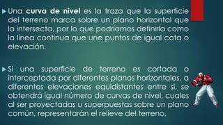  Una curva de nivel es la traza que la superficie
del terreno marca sobre un plano horizontal que
la intersecta, por lo que podríamos definirla como
la línea continua que une puntos de igual cota o
elevación.
 Si una superficie de terreno es cortada o
interceptada por diferentes planos horizontales, a
diferentes elevaciones equidistantes entre si, se
obtendrá igual número de curvas de nivel, cuales
al ser proyectadas u superpuestas sobre un plano
común, representarán el relieve del terreno,
 