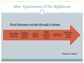 Also- Quotations of the Righteous
Burying the
dead w/o
taking
lessons
Displeasure
with decree
Eating
Allah’s
sustenance
without
thanks
Practice
without
Sincerity
Seeking
knowledge
without
applying it
Committing
sin in hope
of repenting
Heart becomes corrupt through 6 means
[Hasan al Basri]
 
