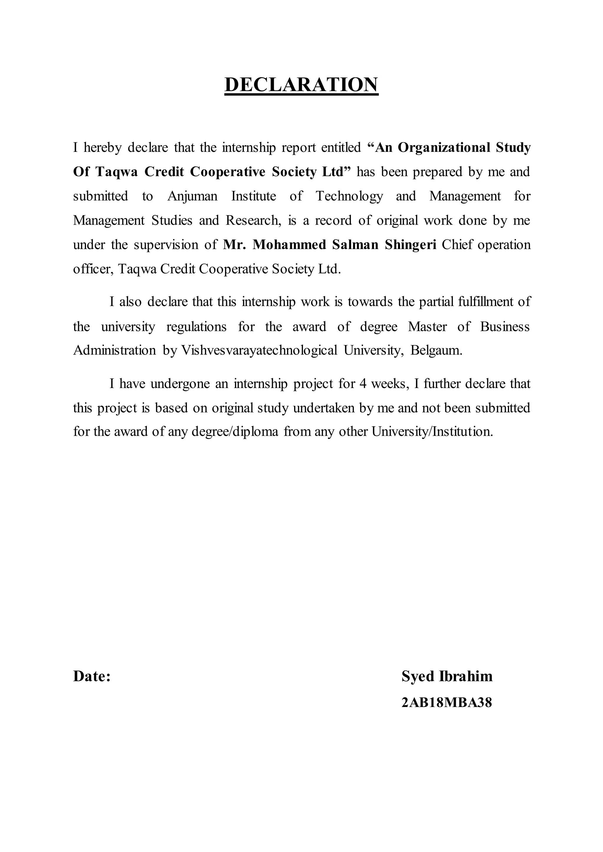 Taqwa credit cooperative society ltd inrernship project | DOCX