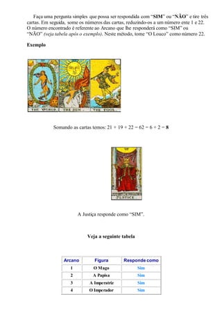 Faça uma pergunta simples que possa ser respondida com “SIM” ou “NÃO” e tire três
cartas. Em seguida, some os números das cartas, reduzindo-os a um número ente 1 e 22.
O número encontrado é referente ao Arcano que lhe responderá como “SIM” ou
“NÃO” (veja tabela após o exemplo). Neste método, tome “O Louco” como número 22.
Exemplo
Somando as cartas temos: 21 + 19 + 22 = 62 = 6 + 2 = 8
A Justiça responde como “SIM”.
.
Veja a seguinte tabela
.
Arcano Figura Responde como
1 O Mago Sim
2 A Papisa Sim
3 A Imperatriz Sim
4 O Imperador Sim
 
