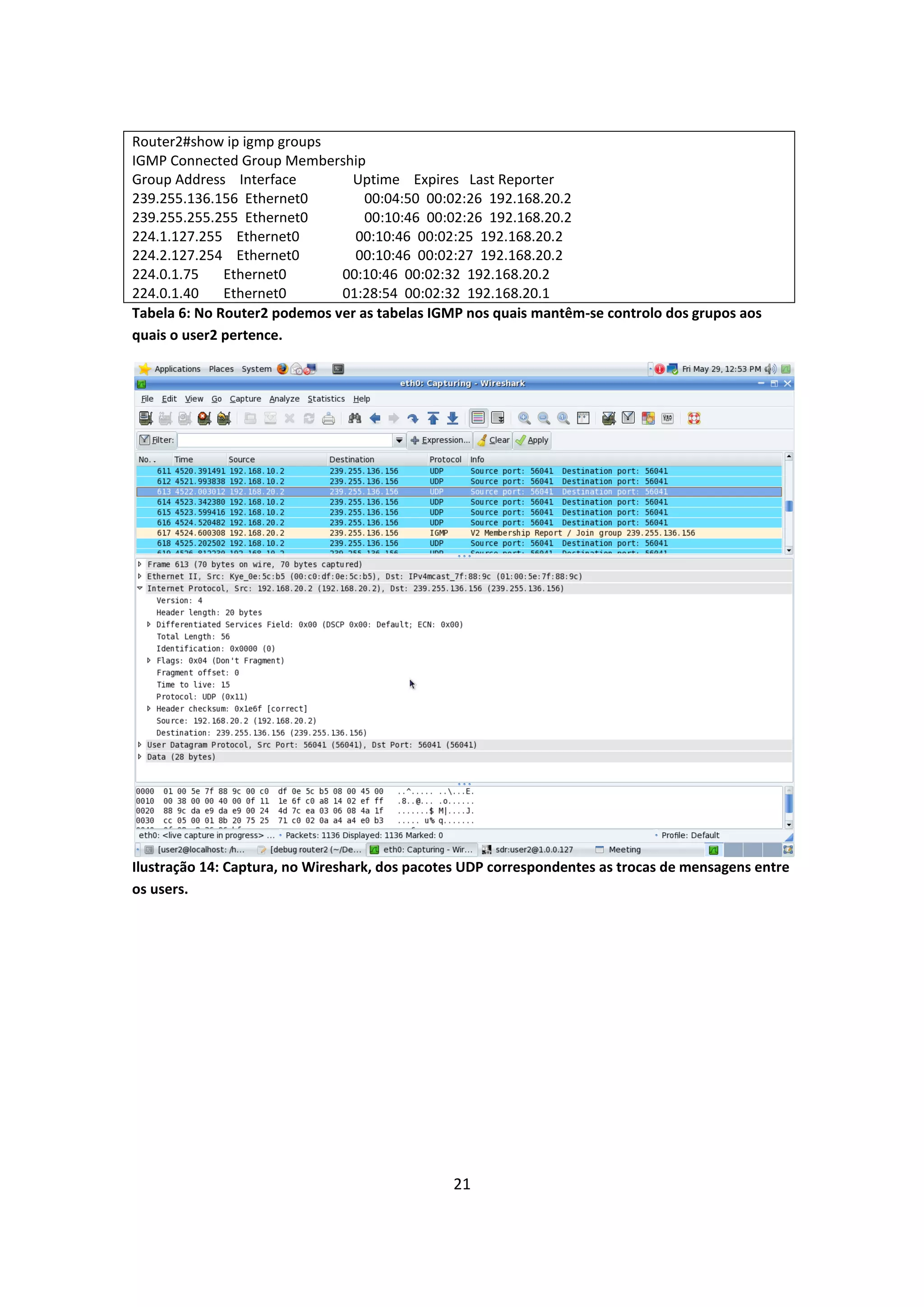Router2#show ip igmp groups
IGMP Connected Group Membership
Group Address Interface        Uptime Expires Last Reporter
239.255.136.156 Ethernet0         00:04:50 00:02:26 192.168.20.2
239.255.255.255 Ethernet0         00:10:46 00:02:26 192.168.20.2
224.1.127.255 Ethernet0         00:10:46 00:02:25 192.168.20.2
224.2.127.254 Ethernet0         00:10:46 00:02:27 192.168.20.2
224.0.1.75    Ethernet0       00:10:46 00:02:32 192.168.20.2
224.0.1.40    Ethernet0       01:28:54 00:02:32 192.168.20.1
Tabela 6: No Router2 podemos ver as tabelas IGMP nos quais mantêm-se controlo dos grupos aos
quais o user2 pertence.




Ilustração 14: Captura, no Wireshark, dos pacotes UDP correspondentes as trocas de mensagens entre
os users.




                                               21
 