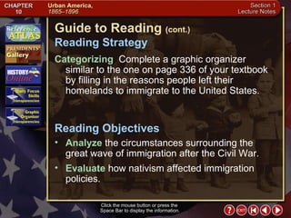 Section 1-2 Guide to Reading  (cont.) Reading Strategy Click the mouse button or press the  Space Bar to display the information. Categorizing   Complete a graphic organizer similar to the one on page 336 of your textbook by filling in the reasons people left their homelands to immigrate to the United States.  Analyze  the circumstances surrounding the great wave of immigration after the Civil War.  Reading Objectives Evaluate  how nativism affected immigration policies. 