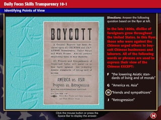 Daily Focus Skills Transparency 1 Click the mouse button or press the  Space Bar to display the answer. 