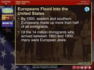 Section 1-5 (pages 336–339) Europeans Flood Into the  United States Click the mouse button or press the  Space Bar to display the information. By 1900, eastern and southern Europeans made up more than half  of all immigrants. Of the 14 million immigrants who arrived between 1860 and 1900,  many were European Jews. 
