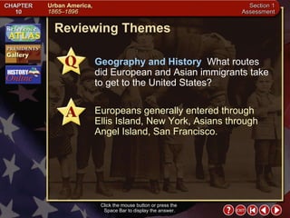 Section 1-20 Reviewing Themes Click the mouse button or press the  Space Bar to display the answer. Geography and History   What routes did European and Asian immigrants take to get to the United States? Europeans generally entered through Ellis Island, New York, Asians through Angel Island, San Francisco. 
