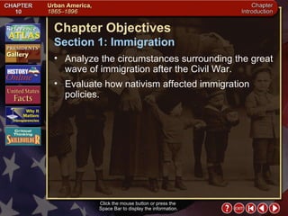 Intro 2 Click the mouse button or press the  Space Bar to display the information. Chapter Objectives Analyze the circumstances surrounding the great wave of immigration after the Civil War.  Evaluate how nativism affected immigration policies. Section 1: Immigration 