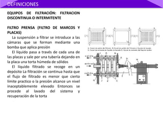 EQUIPOS DE FILTRACIÓN: FILTRACION
DISCONTINUA O INTERMITENTE
FILTRO PRENSA (FILTRO DE MARCOS Y
PLACAS)
La suspensión a filtrar se introduce a las
cámaras que se forman mediante una
bomba que aplica presión
El líquido pasa a través de cada una de
las placas y sale por una tubería dejando en
la placa una torta húmeda de sólidos
El líquido filtrado se recoge en un
depósito La filtración se continua hasta que
el flujo de filtrado es menor que cierto
límite practico o la presión alcance un nivel
inaceptablemente elevado Entonces se
procede al lavado del sistema y
recuperación de la torta
DEFINICIONES
 