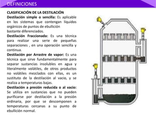 CLASIFICACIÓN DE LA DESTILACIÓN
Destilación simple o sencilla: Es aplicable
en los sistemas que contengan líquidos
orgánicos de puntos de ebullición
bastante diferenciados.
Destilación Fraccionada: Es una técnica
para realizar una serie de pequeñas
separaciones , en una operación sencilla y
continua.
Destilación por Arrastre de vapor: Es una
técnica que sirve fundamentalmente para
separar sustancias insolubles en agua y
literalmente volátiles, de otros productos
no volátiles mezclados con ellas, es un
sustituto de la destilación al vacio, y se
realiza a temperaturas bajas.
Destilación a presión reducida o al vacio:
Se utiliza en sustancias que no pueden
purificarse por destilación a la presión
ordinaria, por que se descomponen a
temperaturas cercanas a su punto de
ebullición normal.
DEFINICIONES
 