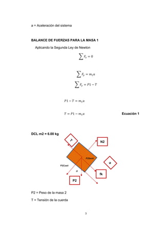 3
a = Aceleración del sistema
BALANCE DE FUERZAS PARA LA MASA 1
Aplicando la Segunda Ley de Newton
∑ 𝐹𝑥 = 0
∑ 𝐹𝑦 = 𝑚1 𝑎
∑ 𝐹𝑦 = 𝑃1 − 𝑇
𝑃1 − 𝑇 = 𝑚1 𝑎
𝑇 = 𝑃1 − 𝑚1 𝑎 Ecuación 1
DCL m2 = 6.00 kg
P2 = Peso de la masa 2
T = Tensión de la cuerda
P2
N2
fk
P2Sen
P2Cos
 