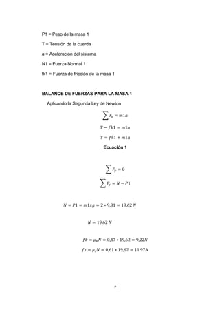 7
P1 = Peso de la masa 1
T = Tensión de la cuerda
a = Aceleración del sistema
N1 = Fuerza Normal 1
fk1 = Fuerza de fricción de la masa 1
BALANCE DE FUERZAS PARA LA MASA 1
Aplicando la Segunda Ley de Newton
∑ 𝐹𝑥 = 𝑚1𝑎
𝑇 − 𝑓𝑘1 = 𝑚1𝑎
𝑇 = 𝑓𝑘1 + 𝑚1𝑎
Ecuación 1
∑ 𝐹𝑦 = 0
∑ 𝐹𝑦 = 𝑁 − 𝑃1
𝑁 = 𝑃1 = 𝑚1𝑥𝑔 = 2 ∗ 9,81 = 19,62 𝑁
𝑁 = 19,62 𝑁
𝑓𝑘 = 𝜇 𝑘 𝑁 = 0,47 ∗ 19,62 = 9,22𝑁
𝑓𝑠 = 𝜇 𝑠 𝑁 = 0,61 ∗ 19,62 = 11,97𝑁
 