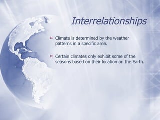 Interrelationships Climate is determined by the weather patterns in a specific area. Certain climates only exhibit some of the seasons based on their location on the Earth. 