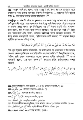 Zvivexn&i ivKÔAvZ msL¨v : GKwU ZvwË¡K we‡k−lY38
(11) Aveyj Avwjqvn e‡jb, Igi (ivt) DevB Beby KvÔe‡K ivgvhvb gv‡m
†jvK‡`i mv‡_ QvjvZ Av`v‡qi wb‡`©k w`‡qwQ‡jb| ... AZtci wZwb Zv‡`i
mv‡_ 20 ivKÔAvZ QvjvZ Av`vq K‡iwQ‡jb|111
ZvnK¡xK¡: G eY©bvwU hCd I gybKvi| Gi mb‡` Avey RvÔdi bv‡g GKRb
Î“wUhy³ ivex Av‡Q| hvi Avmj bvg Cmv Beby Avex Cmv gvnvb| Bgvg Avngv`
I bvmvC (int) e‡jb, Ô†m wbf©i‡hvM¨ bqÕ|112
Bgvg hvnvex Zuvi ÔhyÔAvdvÕ
MÖ‡š’ e‡jb, Avey hyiÔAvn Zvi m¤ú‡K© e‡j‡Qb, Ô†m cÖPzi fyj K‡iÕ|113
wZwb
Zuvi ÔAvj-KzbvÕ MÖ‡š’ e‡jb, ÔcÖ‡Z¨K gynvwÏQB Zv‡K Awfhy³ K‡i‡QbÕ|114
Beby nvRvi AvmK¡vjvbx e‡jb, Ô¯§„wZkw³‡Z Î“wU i‡q‡QÕ|115
Avj−vgv Bebyj
K¡vBwqg (691-751 wnt) e‡jb,
.
Ô†m cÖPzi gybKvi nv`xQ eY©bvKvix| †h nv`xQ¸‡jv †m GKKfv‡e eY©bv K‡i‡Q
†m¸‡jv †_‡K gynvwÏQMY KL‡bvB `jxj MÖnY K‡ibwbÕ|116
Beby wneŸvb e‡jb,
ÔcÖwm× ivex †_‡K GKKfv‡e A‡bK gybKvi nv`xQ eY©bvKvixÕ|117
kvqL
Avjevbx e‡jb, ÔGi mb` hCdÕ|118
GQvovI Qnxn nv`xQmg~‡ni m¤ú~Y©
we‡ivax|
)(
.
111. whqvDj gvK¡‡`mx, Avj-gyLZviv 1/384 c„t; QvjvZzZ Zvivexn, c„t 69|
112. -gxhvbyj BÔwZ`vj 3/319-20 c„t|
113. - QvjvZzZ Zvivexn, c„t 69|
114. - QvjvZzZ Zvivexn, c„t 69|
115. -ZvK¡ixeyZ Zvnhxe, c„t 629|
116. Bebyj K¡vBwqg Avj-RvIwhqvn, hv`yj gvÔAv` 1/267 c„t; QvjvZzZ Zvivexn, c„t 69|
117. -gxhvbyj BÔwZ`vj 3/320 c„t|
118. -QvjvZz Zvivexn, c„t 69|
 