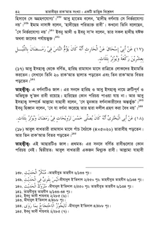 Zvivexn&i ivKÔAvZ msL¨v : GKwU ZvwË¡K we‡k−lY42
wnmv‡e †m AMÖnY‡hvM¨Õ|138
Avey nv‡Zg e‡jb, Ônv`xQ eY©bvq †m wbf©i‡hvM¨
bqÕ|139
Bgvg bvmvC e‡jb, Ônv`x‡Qi cwiZ¨³ ivexÕ| KL‡bv wZwb e‡j‡Qb,
Ô†m wbf©i‡hvM¨ bqÕ|140
Beby Av`x I Beby mvÔ` e‡jb, Zvi mKj nv`xQ hCd
A_ev Rv‡ji ch©vqfy³|141
)(
.
(17) Avey BmnvK¡ †_‡K ewY©Z, nvwiQ ivgvhvb gv‡m ivwÎ‡Z †jvK‡`i BgvgwZ
Ki‡Zb| †mLv‡b wZwb 20 ivKÔAvZ QvjvZ co‡Zb Ges wZb ivKÔAvZ weZi
co‡Zb|142
ZvnK¡xK¡: G eY©bvwUI Rvj| Gi mb‡` nvwiQ I Avey BmnvK¡ bv‡g Î“wUc~Y© I
Awfhy³ `yÕRb ivex i‡q‡Q| nvwi‡Qi †Kvb cwiPq cvIqv hvq bv| Avi Avey
BmnvK¡ m¤ú‡K© Avj−vgv hvnvex e‡jb, Ô†m gybKvi eY©bvKvix‡`i Aš—fy©³Õ|143
Beby wneŸvb e‡jb, Ô†m hv eY©bv K‡i‡Q Zvi Øviv `jxj MÖnY Kiv ˆea bqÕ|144
)(.
(18) Aveyj evLZvix ivgvhvb gv‡m cuvP ˆeV‡K (4×5=20) Zvivexn co‡Zb|
Avi wZb ivKÔAvZ weZi co‡Zb|145
ZvnK¡xK¡: GB AvQviwUI Rvj| cÖ_gZ: Gi mb‡` ewY©Z ivex¸‡jvi †Kvb
cwiPq †bB| wØZxqZ: Aveyj evLZvix GKRb wg_y¨K ivex| Avj−vgv hvnvex
138. -ZvnhxeyZ Zvnhxe 6/133 c„t|
139. -gxhvbyj BÔwZ`vj 2/550 c„t; ZvnhxeyZ Zvnhxe 6/134 c„t|
140. -gxhvbyj BÔwZ`vj 2/550 c„t; ZvnhxeyZ Zvnhxe 6/134 c„t|
141. ZvnhxeyZ Zvnhxe 6/133-34 c„t|
142. Beby Avex kvqevn 2/285 (6)|
143. gxhvbyj BÔwZ`vj 4/488 c„t|
144. -gxhvbyj BÔwZ`vj 4/488 c„t|
145. Beby Avex kvqevn 2/285 (7)|
 