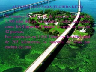AUTOPISTA ELEVADA (FLORIDA KEYS)

Se construyó con el fin de conectar las más de
1.700 islas del sur de Estados Unidos, conocidas
como los Cayos de Florida, a través de más de
42 puentes.
Fue construida en 1.938 Tiene una longitud total
de 205 kilómetros, la mayoría de ellos por
encima del mar.

 