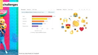 • Not inferring too much
• Not crossing the line with emotionally vulnerable
people
• (mis)understanding sarcasm
• Some people use extreme terminology that
doesn’t always match up to how they feel
• Subject/verb agreement is tricky
• Automated formulas aren’t 100%
• Not putting numbers for the sake of numbers –
making the data meaningful
Photo by Lidya Nada on Unsplash
challenges
 