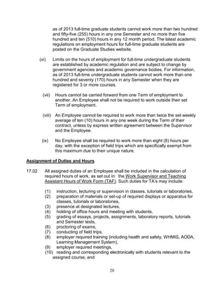 20
as of 2013 full-time graduate students cannot work more than two hundred
and fifty-five (255) hours in any one Semester and no more than five
hundred and ten (510) hours in any 12 month period. The latest academic
regulations on employment hours for full-time graduate students are
posted on the Graduate Studies website.
(vi) Limits on the hours of employment for full-time undergraduate students
are established by academic regulation and are subject to change by
government agencies and academic governance bodies. For information,
as of 2013 full-time undergraduate students cannot work more than one
hundred and seventy (170) hours in any Semester when they are
registered for 3 or more courses.
(vii) Hours cannot be carried forward from one Term of employment to
another. An Employee shall not be required to work outside their set
Term of employment.
(viii) An Employee cannot be required to work more than twice the set weekly
average of ten (10) hours in any one week during the Term of their
contract, unless by express written agreement between the Supervisor
and the Employee.
(ix) No Employee shall be required to work more than eight (8) hours per
day, with the exception of field trips which are specifically exempt from
this maximum due to their unique nature.
Assignment of Duties and Hours
17.02 All assigned duties of an Employee shall be included in the calculation of
required hours of work, as set out in: the Work Supervisor and Teaching
Assistant Hours of Work Form (TAF). Such duties for TA’s may include:
(1) instruction, lecturing or supervision in classes, tutorials or laboratories,
(2) preparation of materials or set-up of required displays or apparatus for
classes, tutorials or laboratories,
(3) presence at designated lectures,
(4) holding of office hours and meeting with students,
(5) grading of essays, projects, assignments, laboratory reports, tutorials
and Semester tests,
(6) proctoring of exams,
(7) conducting of field trips,
(8) employer required training (including health and safety, WHMIS, AODA,
Learning Management System),
(9) employer required meetings,
(10) reading and corresponding electronically with students relevant to the
assigned course, and
 