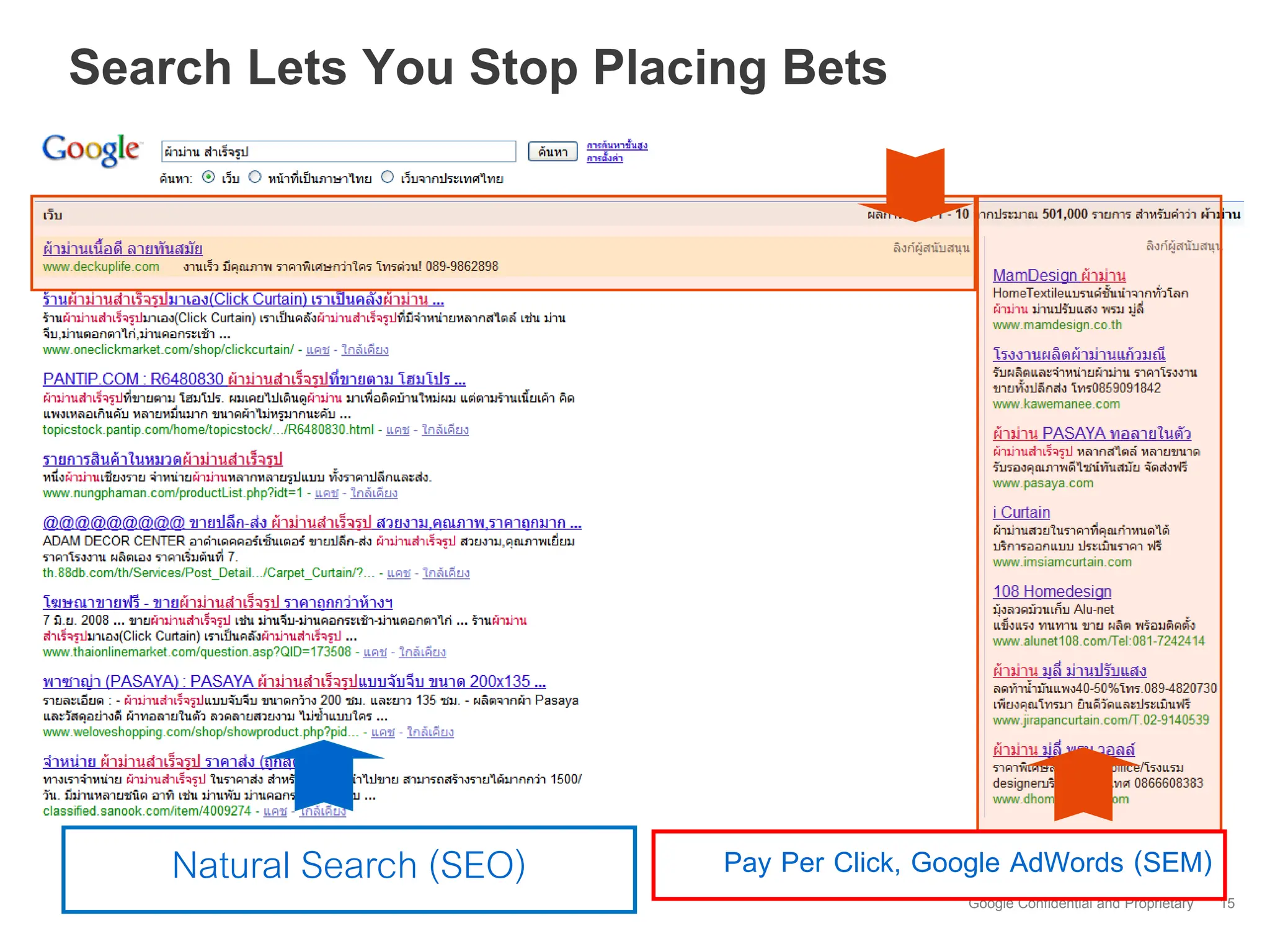 Search Lets You Stop Placing Bets




    Natural Search (SEO)   Pay Per Click, Google AdWords (SEM)
                                            Google Confidential and Proprietary   15
 