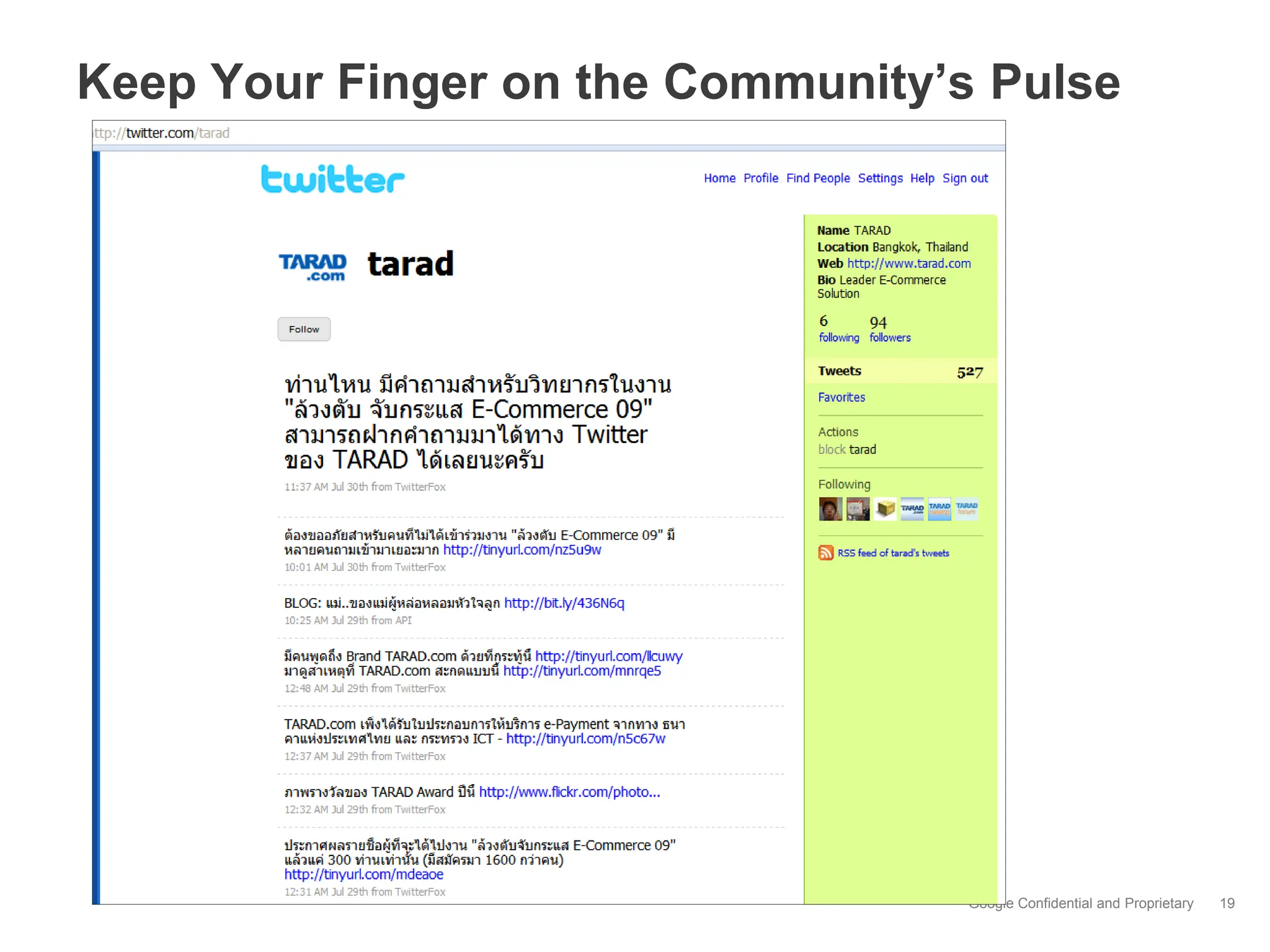 Keep Your Finger on the Community’s Pulse




                                   Google Confidential and Proprietary   19
 