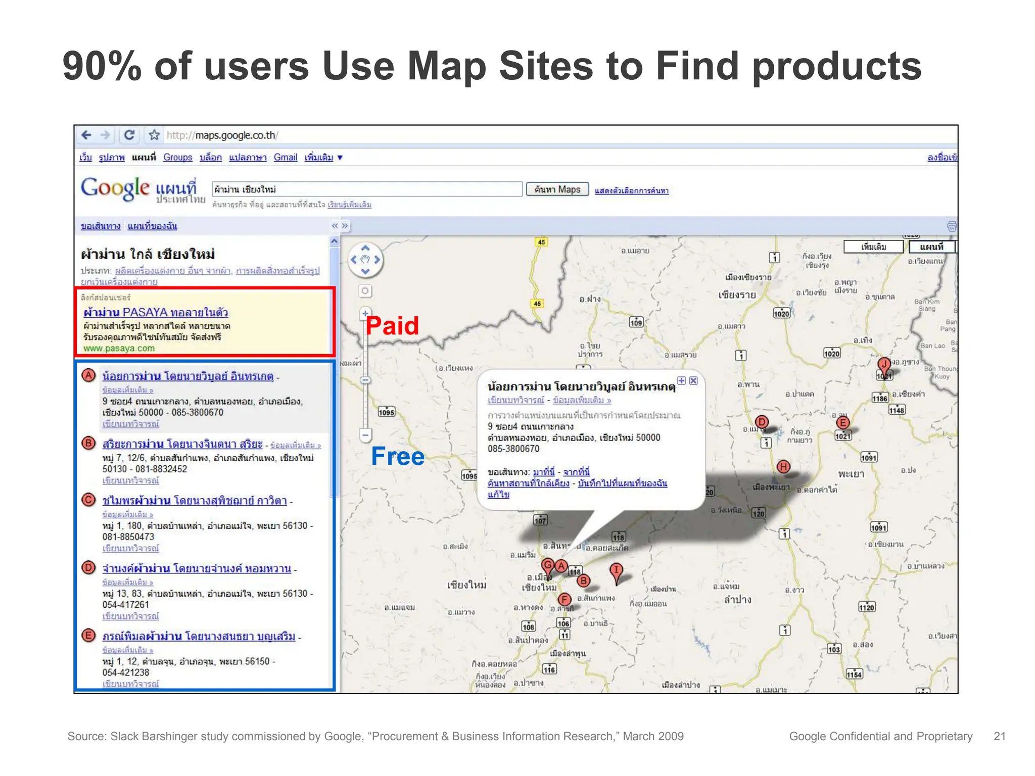 90% of users Use Map Sites to Find products




                                                      Paid




                                                       Free




Source: Slack Barshinger study commissioned by Google, “Procurement & Business Information Research,” March 2009   Google Confidential and Proprietary   21
 