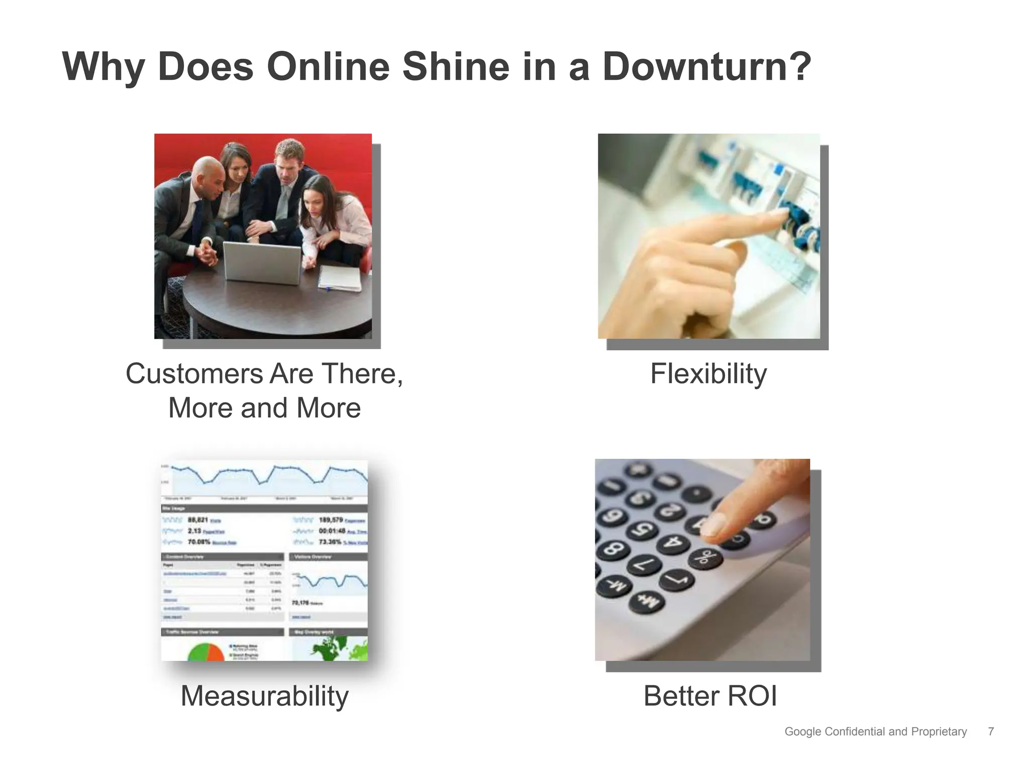 Why Does Online Shine in a Downturn?




   Customers Are There,     Flexibility
     More and More




      Measurability        Better ROI
                                          Google Confidential and Proprietary   7
 