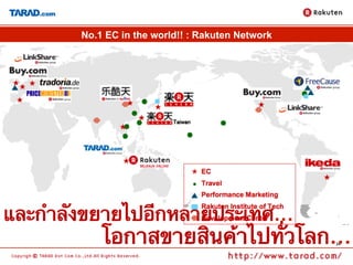 No.1 EC in the world!! : Rakuten Network




และกําลังขยายไปอีกหลายประเทศ…	
            โอกาสขายสินค้าไปทั่วโลก…	
             24
 