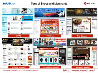 Tons of Shops and Merchants




     DTAC	
                       TV Direct	
         Thai Sausage	




A-Price (Camera)	
           YR-Request (Watch)	
   Calabash (Jewelry)	
   5
 