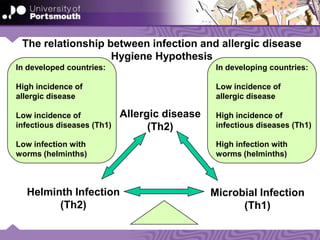 Allergic disease
(Th2)
Helminth Infection
(Th2)
Microbial Infection
(Th1)
The relationship between infection and allergic disease
Hygiene Hypothesis
In developed countries:
High incidence of
allergic disease
Low incidence of
infectious diseases (Th1)
Low infection with
worms (helminths)
In developing countries:
Low incidence of
allergic disease
High incidence of
infectious diseases (Th1)
High infection with
worms (helminths)
 