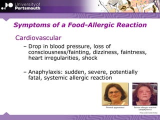 Symptoms of a Food-Allergic Reaction
Cardiovascular
– Drop in blood pressure, loss of
consciousness/fainting, dizziness, faintness,
heart irregularities, shock
– Anaphylaxis: sudden, severe, potentially
fatal, systemic allergic reaction
 
