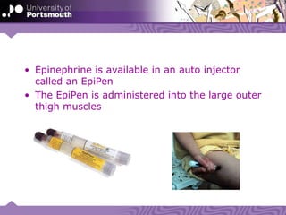 • Epinephrine is available in an auto injector
called an EpiPen
• The EpiPen is administered into the large outer
thigh muscles
 