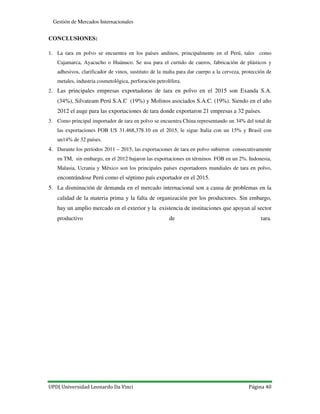 UPD| Universidad Leonardo Da Vinci Página 40
Gestión de Mercados Internacionales
CONCLUSIONES:
1. La tara en polvo se encuentra en los países andinos, principalmente en el Perú, tales como
Cajamarca, Ayacucho o Huánuco. Se usa para el curtido de cueros, fabricación de plásticos y
adhesivos, clarificador de vinos, sustituto de la malta para dar cuerpo a la cerveza, protección de
metales, industria cosmetológica, perforación petrolífera.
2. Las principales empresas exportadoras de tara en polvo en el 2015 son Exanda S.A.
(34%), Silvateam Perú S.A.C (19%) y Molinos asociados S.A.C. (19%). Siendo en el año
2012 el auge para las exportaciones de tara donde exportaron 21 empresas a 32 países.
3. Como principal importador de tara en polvo se encuentra China representando un 34% del total de
las exportaciones FOB U$ 31.468,378.10 en el 2015, le sigue Italia con un 15% y Brasil con
un14% de 32 países.
4. Durante los períodos 2011 – 2015, las exportaciones de tara en polvo subieron consecutivamente
en TM, sin embargo, en el 2012 bajaron las exportaciones en términos FOB en un 2%. Indonesia,
Malasia, Ucrania y México son los principales países exportadores mundiales de tara en polvo,
encontrándose Perú como el séptimo país exportador en el 2015.
5. La disminución de demanda en el mercado internacional son a causa de problemas en la
calidad de la materia prima y la falta de organización por los productores. Sin embargo,
hay un amplio mercado en el exterior y la existencia de instituciones que apoyan al sector
productivo de tara.
 