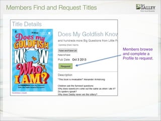Members browse
and complete a
Profile to request."
"
"
"
"
"
"
"
"
Members Find and Request Titles
 
