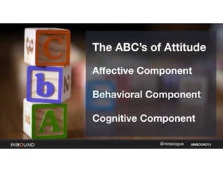 INBOUND15@missrogue
The ABC’s of Attitude

!
Affective Component
!
Behavioral Component

!
Cognitive Component
 