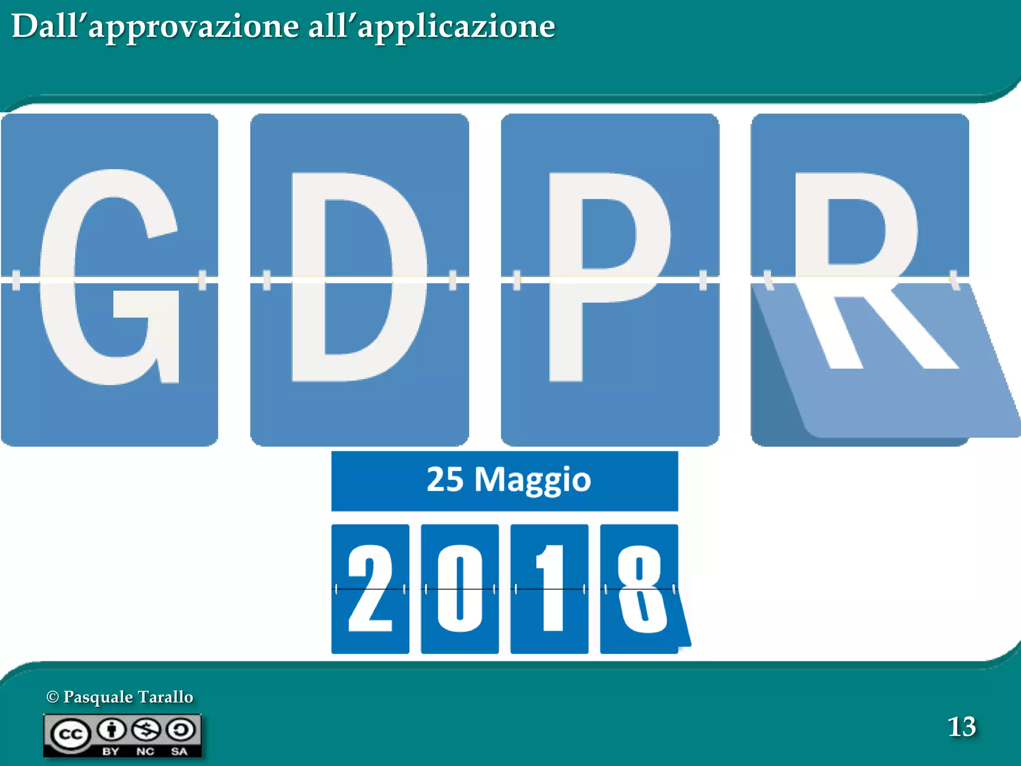 © Pasquale Tarallo
13
Dall’approvazione all’applicazione
Il GDPR diverrà pienamente applicabile a decorrere dal 25 maggio 2018
(secondo quanto previsto dall’art. 99 delle disposizioni finali)
Pubblicazione sulla
Gazzetta Ufficiale UE:
04 Maggio 2016
Entrata in vigore
(dopo 20 gg):
24 Maggio
2016
Effettiva
applicazione:
25 Maggio
2018
 